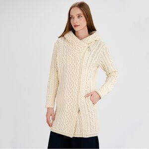 SAOL size XL ivory cream Irish Cable Knit 100% Merino wool Hooded Coat cardigan